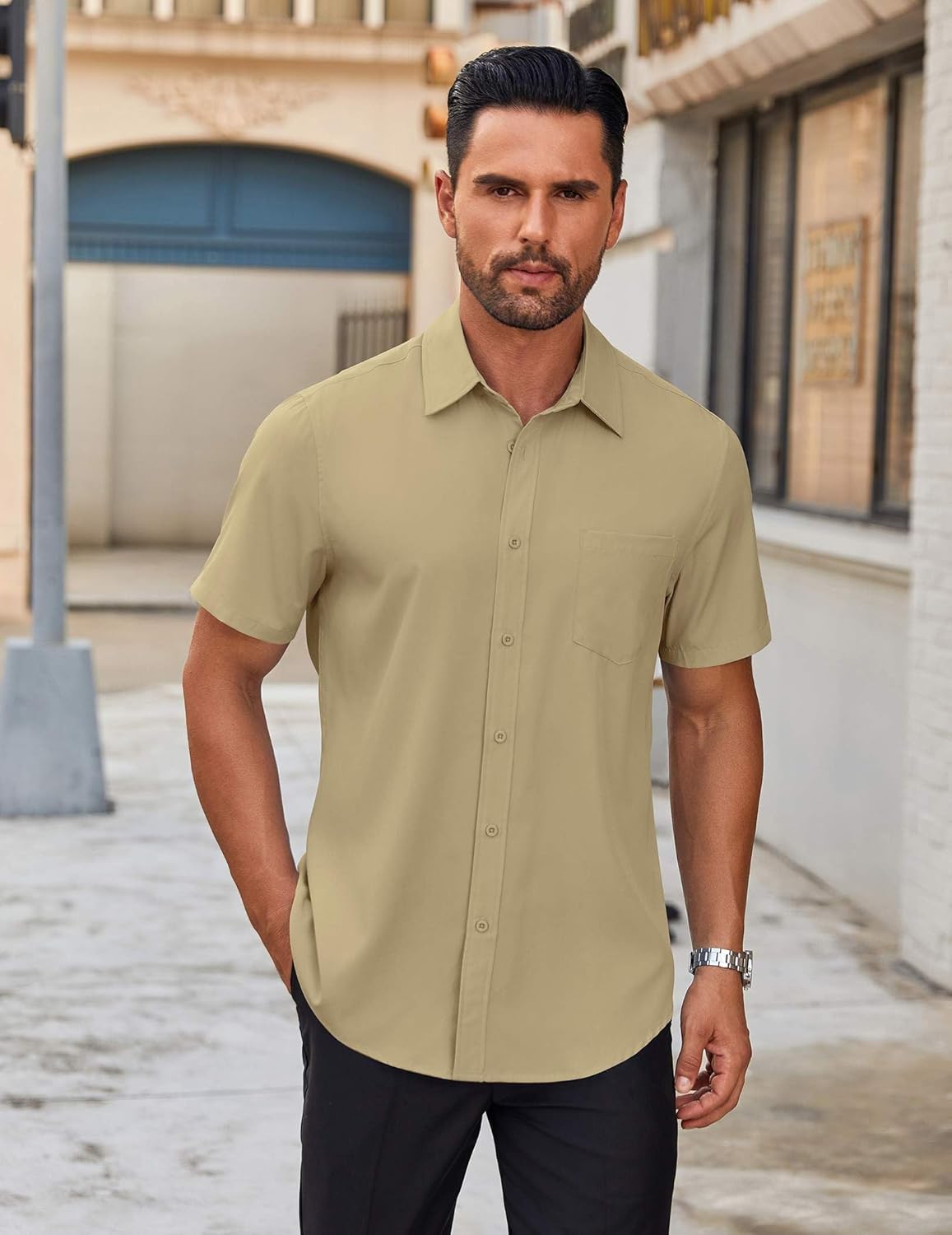 COOFANDY Men's Short Sleeve Button Down Shirts Casual Dress Shirts for Men Untucked Shirt with Pocket Khaki Medium image 2 of 5 B0DJ4SW3QW