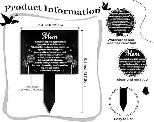 Miniatura 6 de COLOR VALLEY ART Placa de recuerdo de mamá, estaca acrílica para tumba, para cementerio, negro, para jardín, simpatía, estaca para tumba al aire