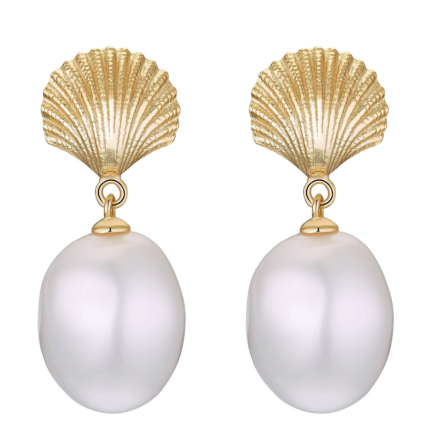 NOELANI - Pendientes para Mujer en Plata 925 - Chapados en Oro/Dorado - Con Perlas - Pendiente Colgante de Concha - NOE-E0005
