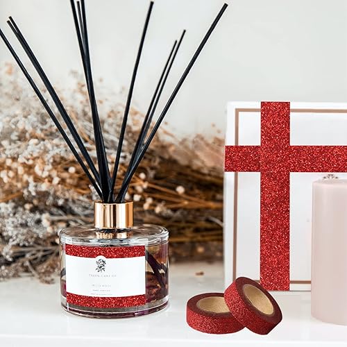 Miniatura 4 de Cinta Washi con purpurina, 3 rollos de cinta decorativa roja de 58 pulgadas (0.591 in), autoadhesiva para manualidades con ribete dorado con