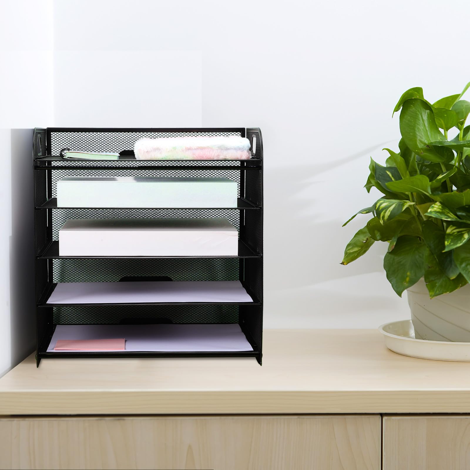 INOOMP Organizer per Scrivania in Acciaio al Carbonio Nero a 5 Livelli Rete, Porta Documenti da Tavolo Facile da Usare per Ufficio e Desktop