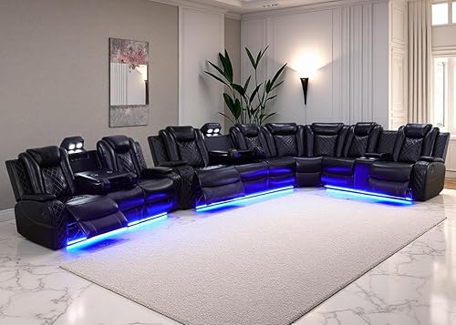Miniatura 30 de Juego de sofá seccional reclinable eléctrico con luz LED, sofá esquinero reclinable de cuero y silla, muebles reclinables de teatro con Crema