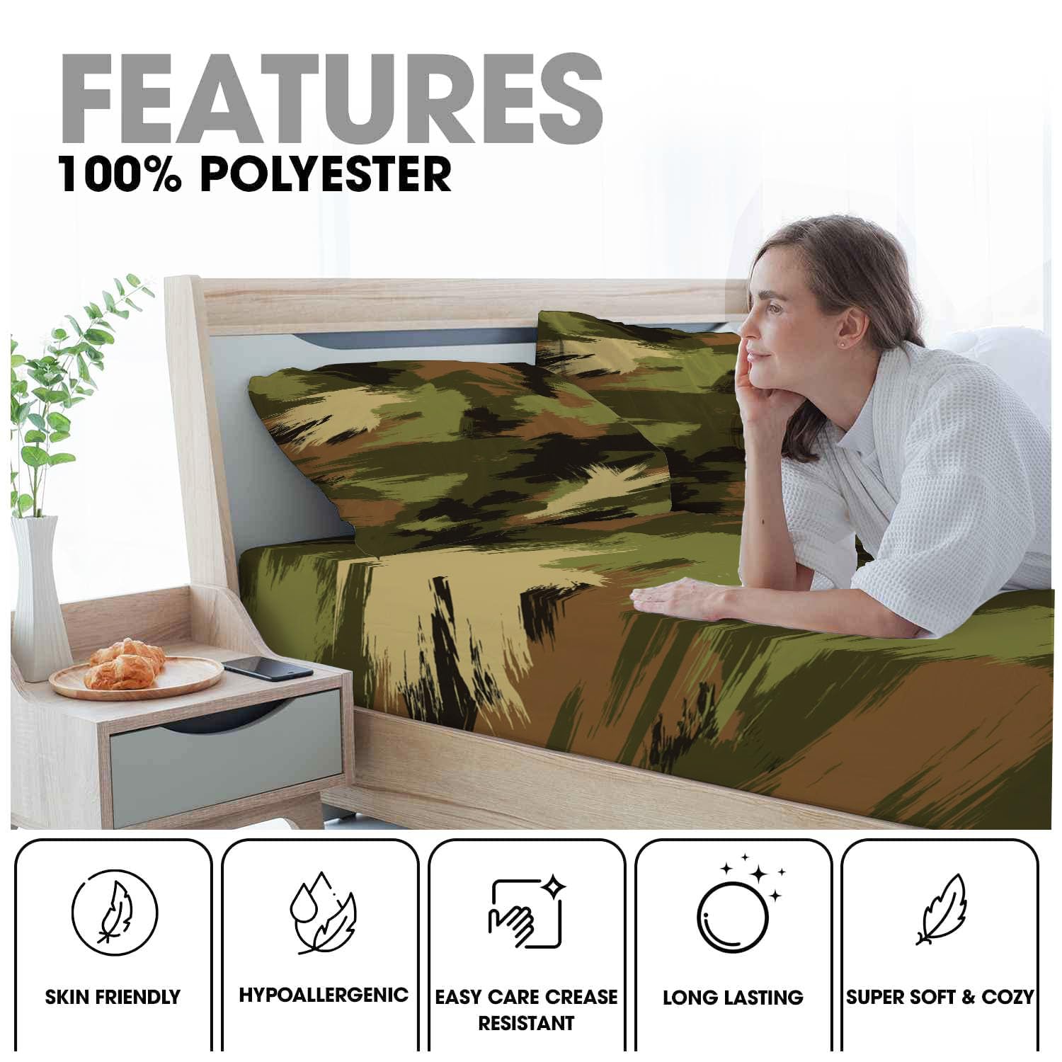 Sábanas 200X190/200Cm - Juego De Sábanas 3 Piezas Estampadas Grafiti De Camuflaje - Microfibra Suave Transpirable - Sábana Bajera Ajustable - Ropa De Cama Pintura Al Óleo Abstracta (Verde Militar)