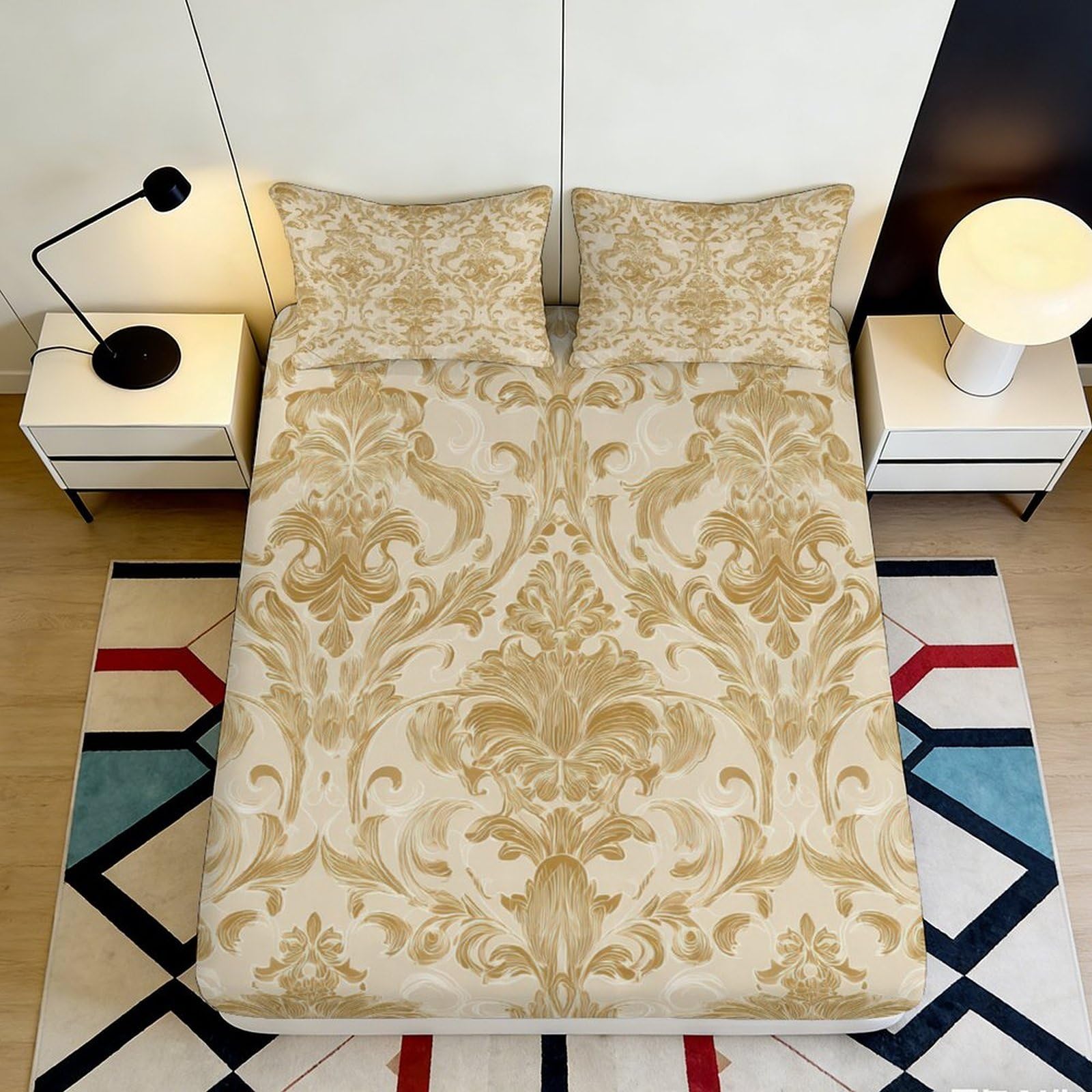 3D Printed Baroque Floral Fitted Sheet Microfiber Soft Breathable Damask Bed Cover for Bedroom Guest Room Decor 90x200x25cm