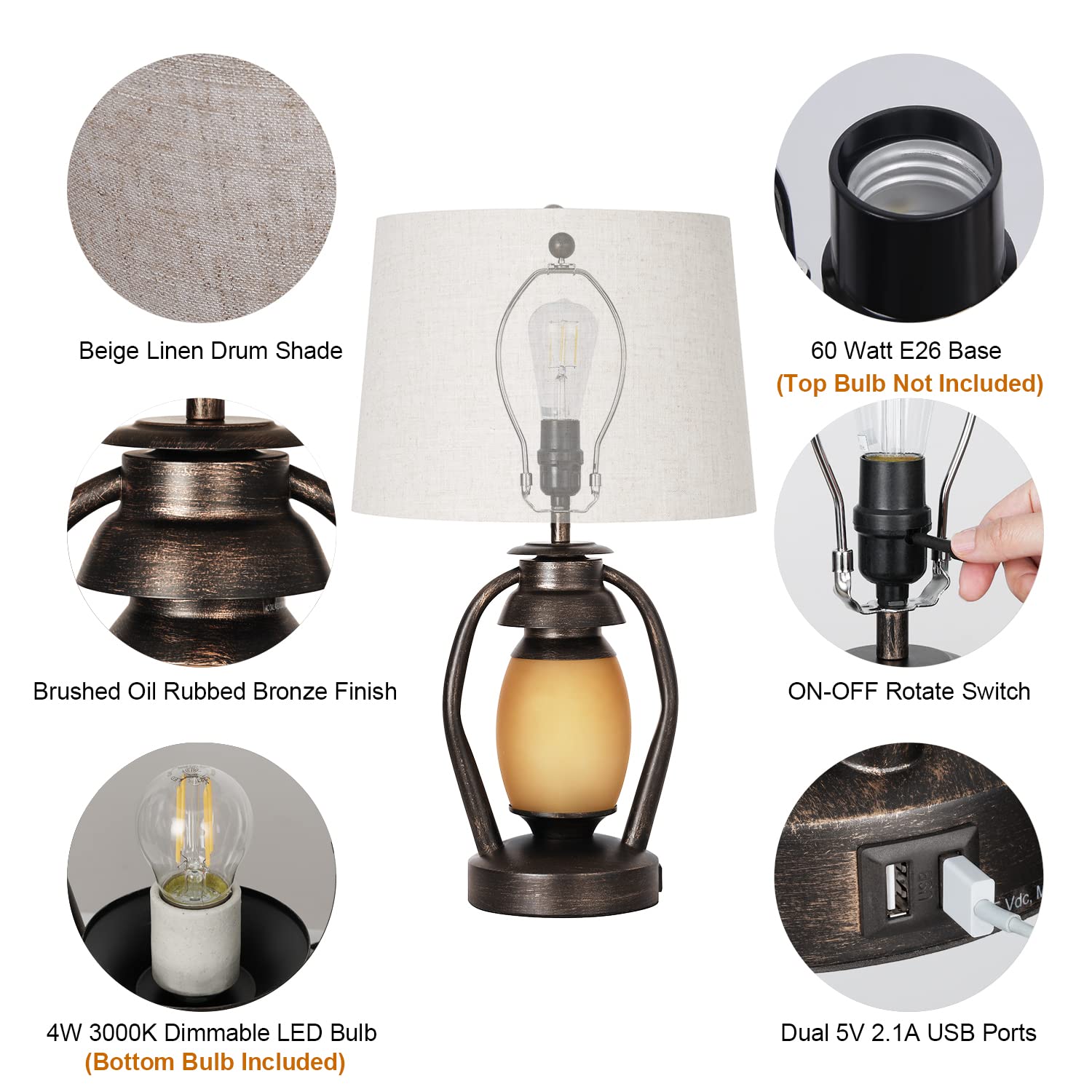 Suraielec Lantern Table Lamps Set of 2, Rustic Lamp with Dimmable Night Light and USB, Farmhouse Decor for Living Room, Bedroom, Nightstand, End Table, Oil Rubbed Bronze Finish