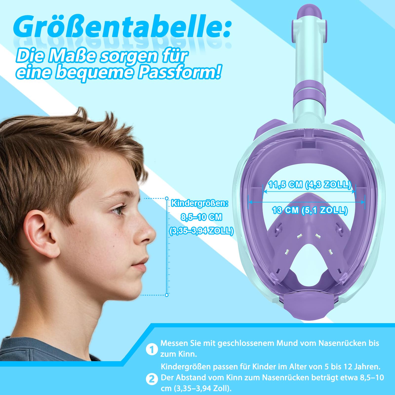 X99 Schnorchelmaske Vollmaske,180-Grad-Sicht Anti-Fog Tauchmaske mit Sportkameras Kompatible, Taucherbrille für Kinder