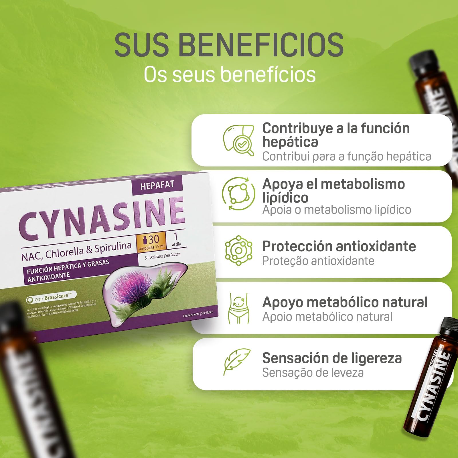 Cynasine Hepafat - Cardo Mariano 500 mg con N-Acetilcisteína y Colina - Función Hepática y Metabolismo de los Lípidos - Protección Celular y Acción Antioxidante - 30 Ampollas Bebibles de 15 ml DietMe