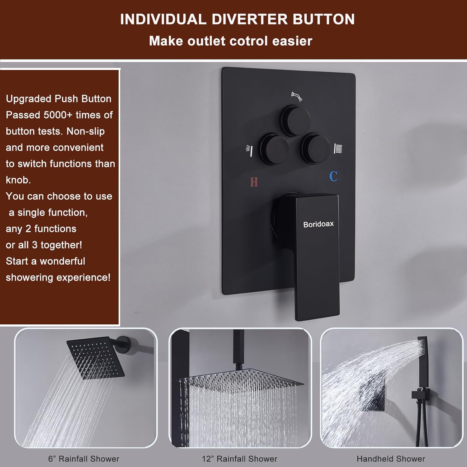 Dual Shower Head System Matte Black 12" Ceiling Mount Rainfall Shower and 6" Wall Mounted Shower Head System with Handheld Spray, Push Button Diverter Shower Faucet Set, Can All Run Together