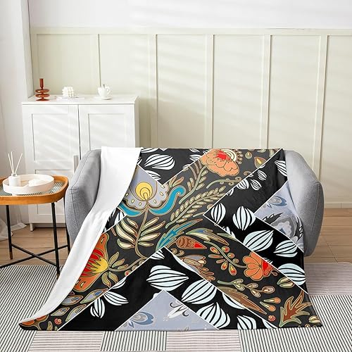 Manta de franela de estilo rústico de granja, cálida, con plantas botánicas, flores abstractas, mullida, cálida para niños, niñas y mujeres, hojas