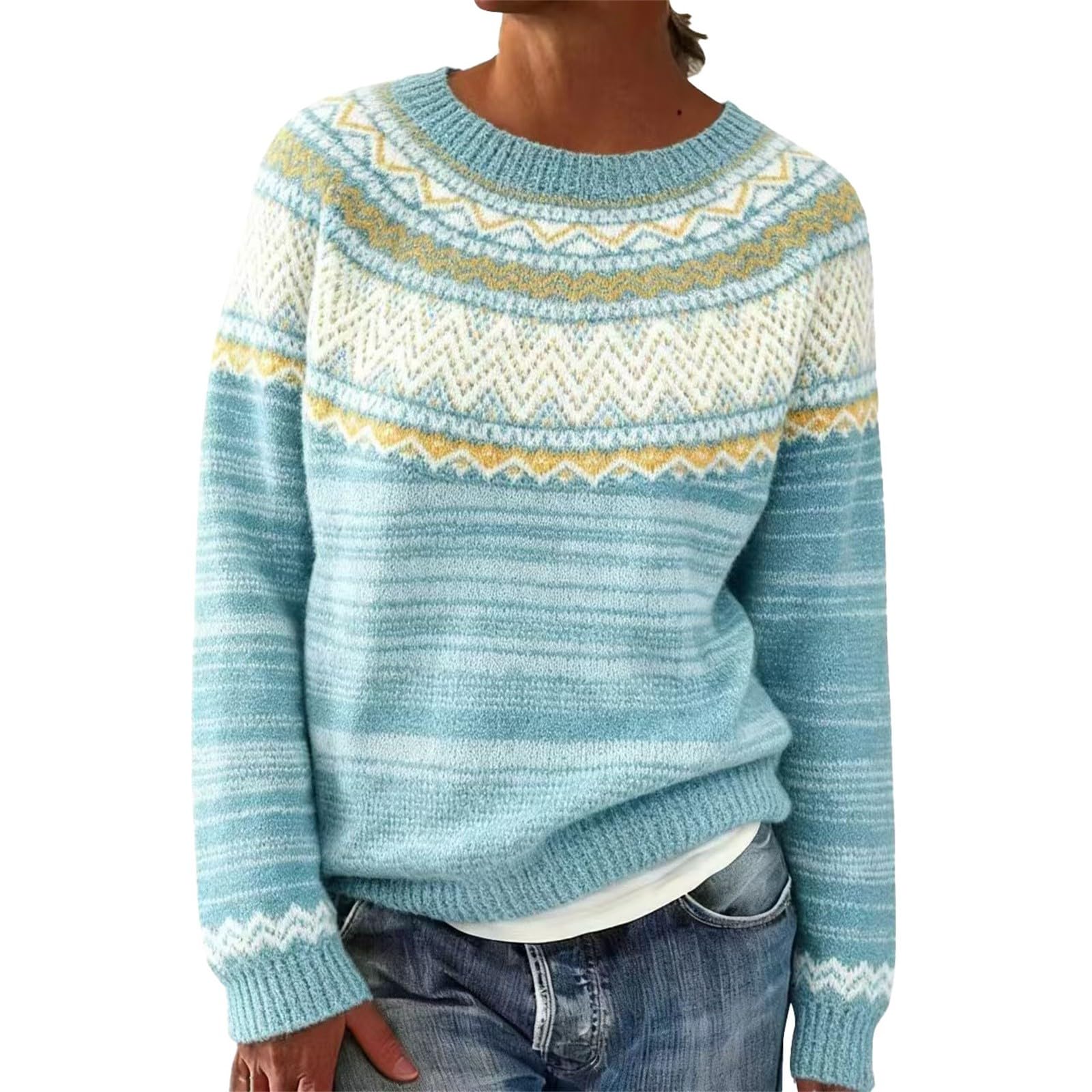Womens Retro Knitted Fair Isle Sweater 2025 Trendy Oversized Pullover Lightweight Fall Winter Casual Top