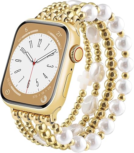 Miniatura 14 de Airspo Brazaletes de cuentas doradas, para Apple Watch Band de 1.49, 1.57, 1.61, 1.65, 1.73 y 1.77 pulgadas, correa elástica para iWatch Series 11,