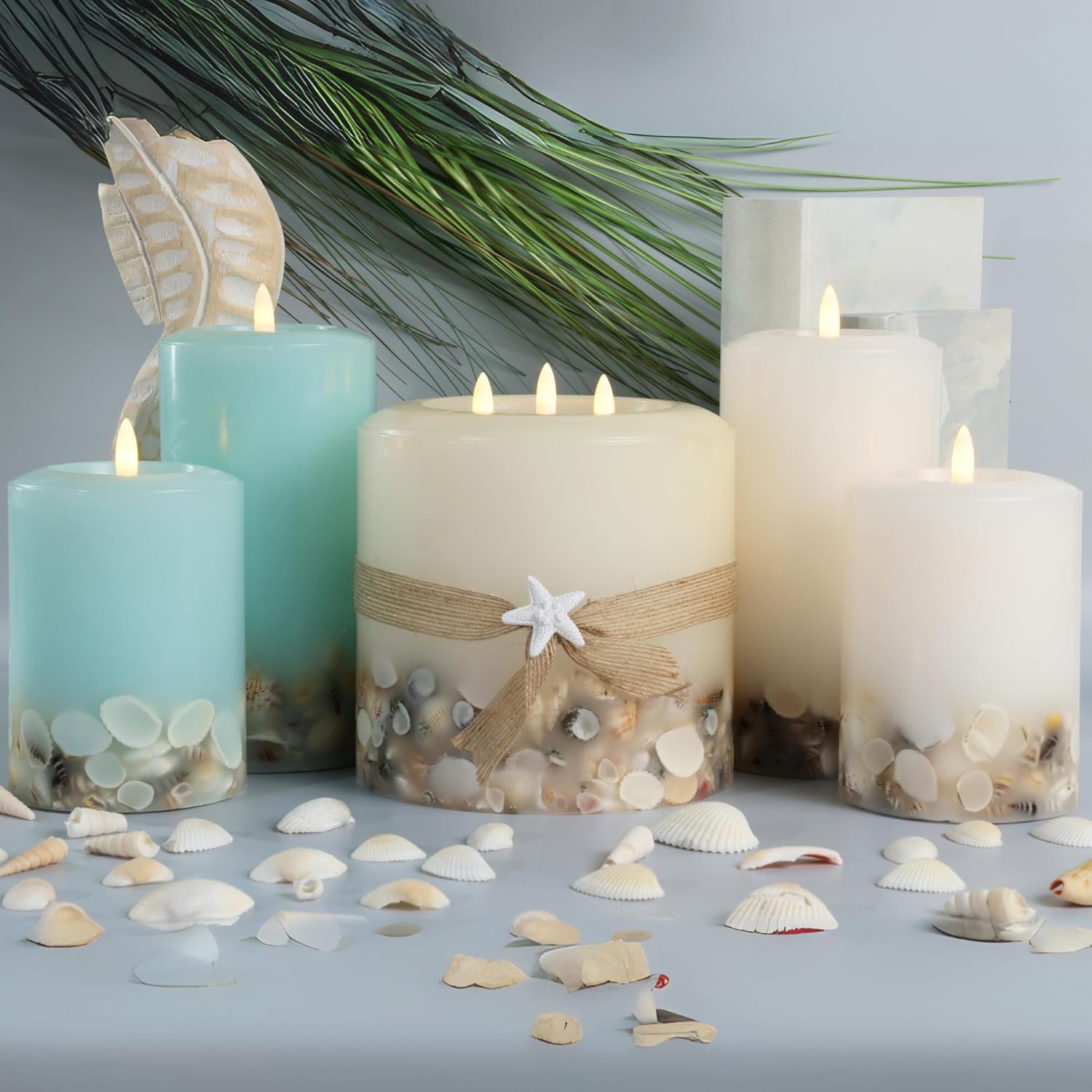 LumiPur Signature Coastal Collection Natural Glow Flickering Flameless LED Wax Pillar Candle with Seashell Embed (Ivory, 6" x 6")