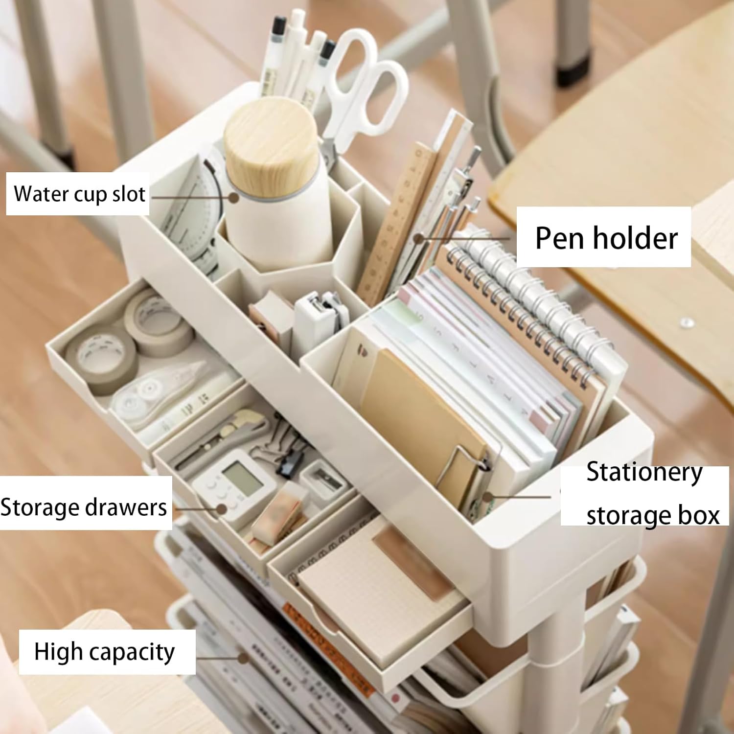 Mobile Bookshelf with Wheels and Drawers, White Book Cart, Library Book Cart, Suitable for Offices and Bedrooms