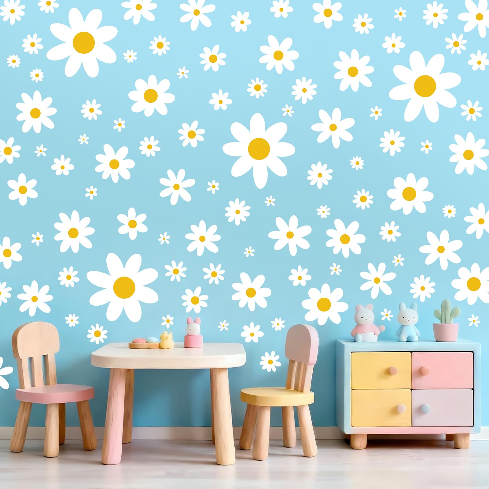 Daisy Wall Decal, 8 Sheets 96Pcs Daisy Flower Wall Stickers Peel and Stick White Flower Decals for Nursery Bedroom Home Wall Art Decorations