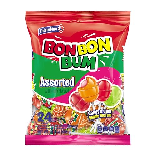 Colombina Bon Bon Bum - Paletas con centro de chicle, paquete surtido de paletas envueltas individualmente, sabor Lulo, fresa, fresa intensa y