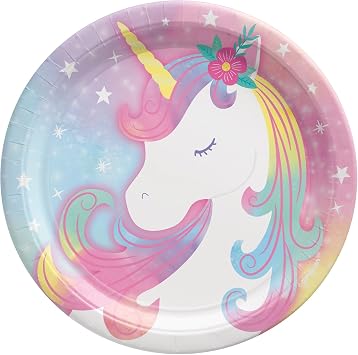 Round Plates, 7" 8-Pack - Vibrant Premium Quality Party Plates, Perfect for Parties & Events, Enchanted Unicorn