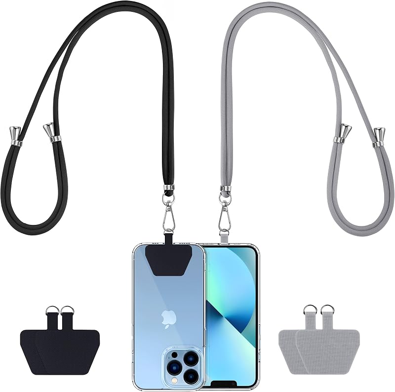 Cordón para teléfono CACOE, negro + gris claro, 2 piezas | Correa ajustable para el cuello, 4 parches, cordones universales multifuncionales para teléfono celular, compatibles con la mayoría de los teléfonos inteligentes
