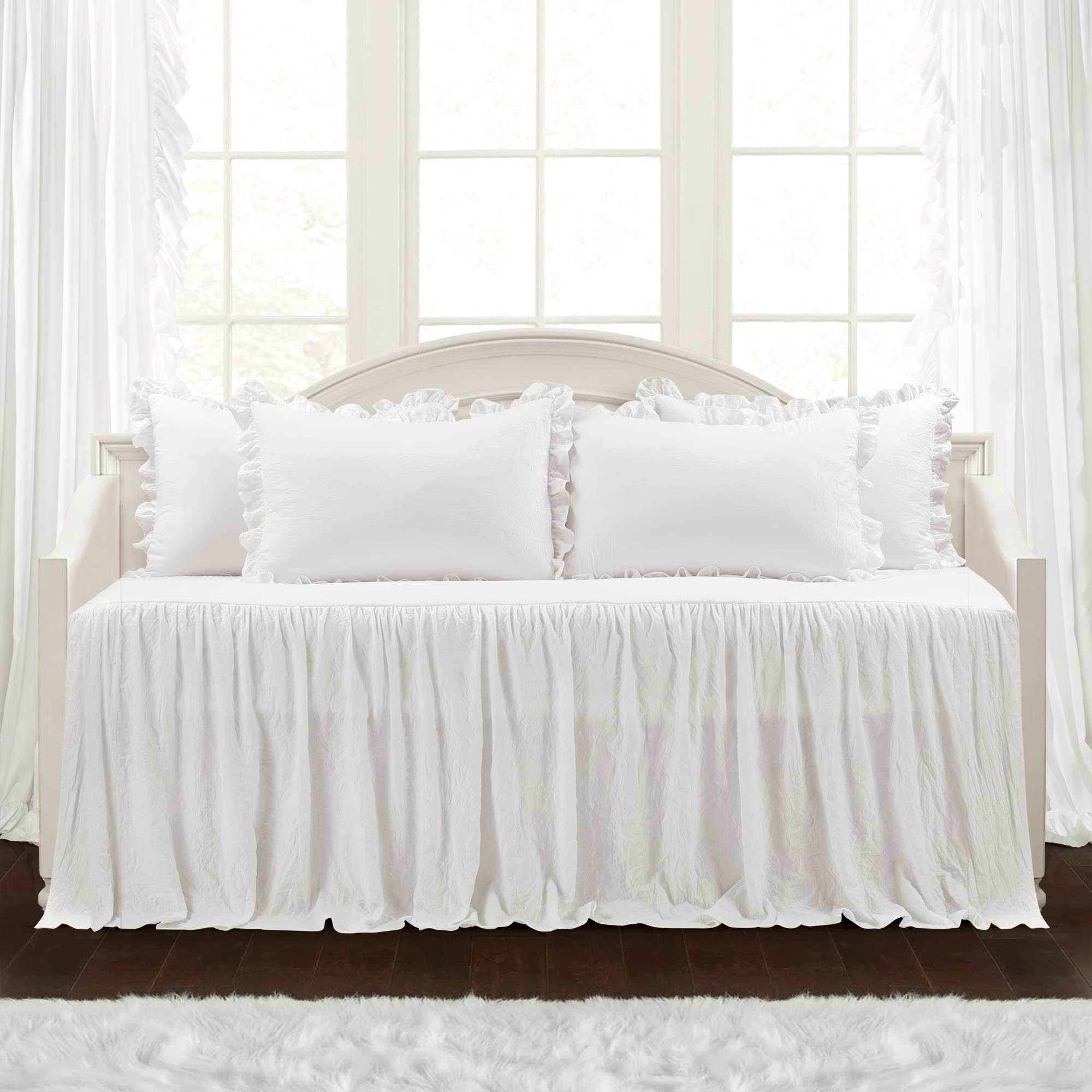 Lush Decor Ruffle Skirt Daybed Cover Vintage Chic Farmhouse Style Lightweight 5 Piece Set, White