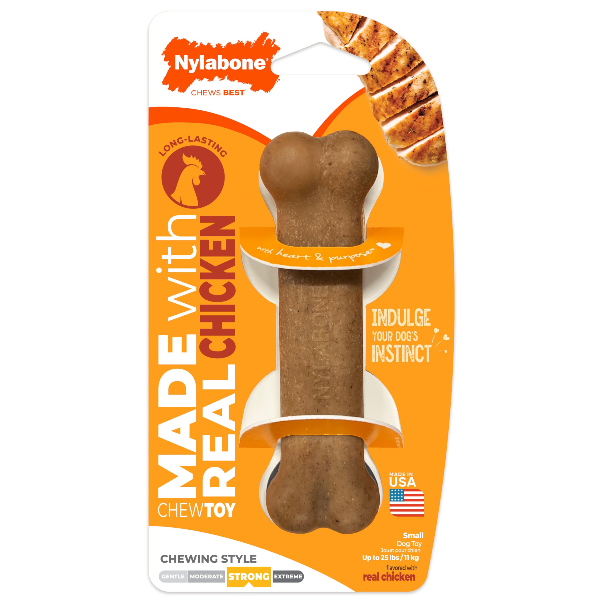 Nylabone Strong Chew Original Bone Dog Toy Made with Real Chicken, Durable Chew Toys for Aggressive Chewers, Long Lasting Dog Bone, Keeps Dogs Busy,