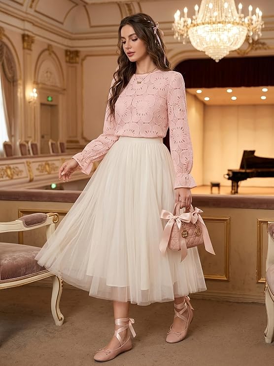 Lace Tops for Women Long Sleeve Eyelet Holiday Shirts | eyelet lace tops; Boho Blouse, Eyelet lace; Flower Embroidered blouse; Button Down Tops; Elastic cuff shirt