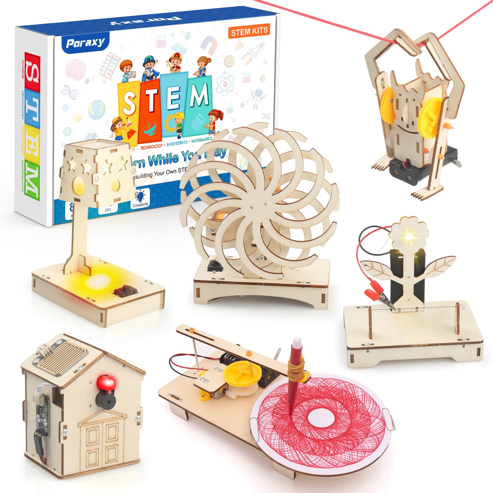Poraxy 6 in 1 STEM Toys for Kids Ages 8-12, STEM Kits, 3D Wooden Puzzles, Educational Science Projects Building Model Kits, Birthday Gifts for Boys and Girls Ages 7 8 9 10 11 12 13 Years Old