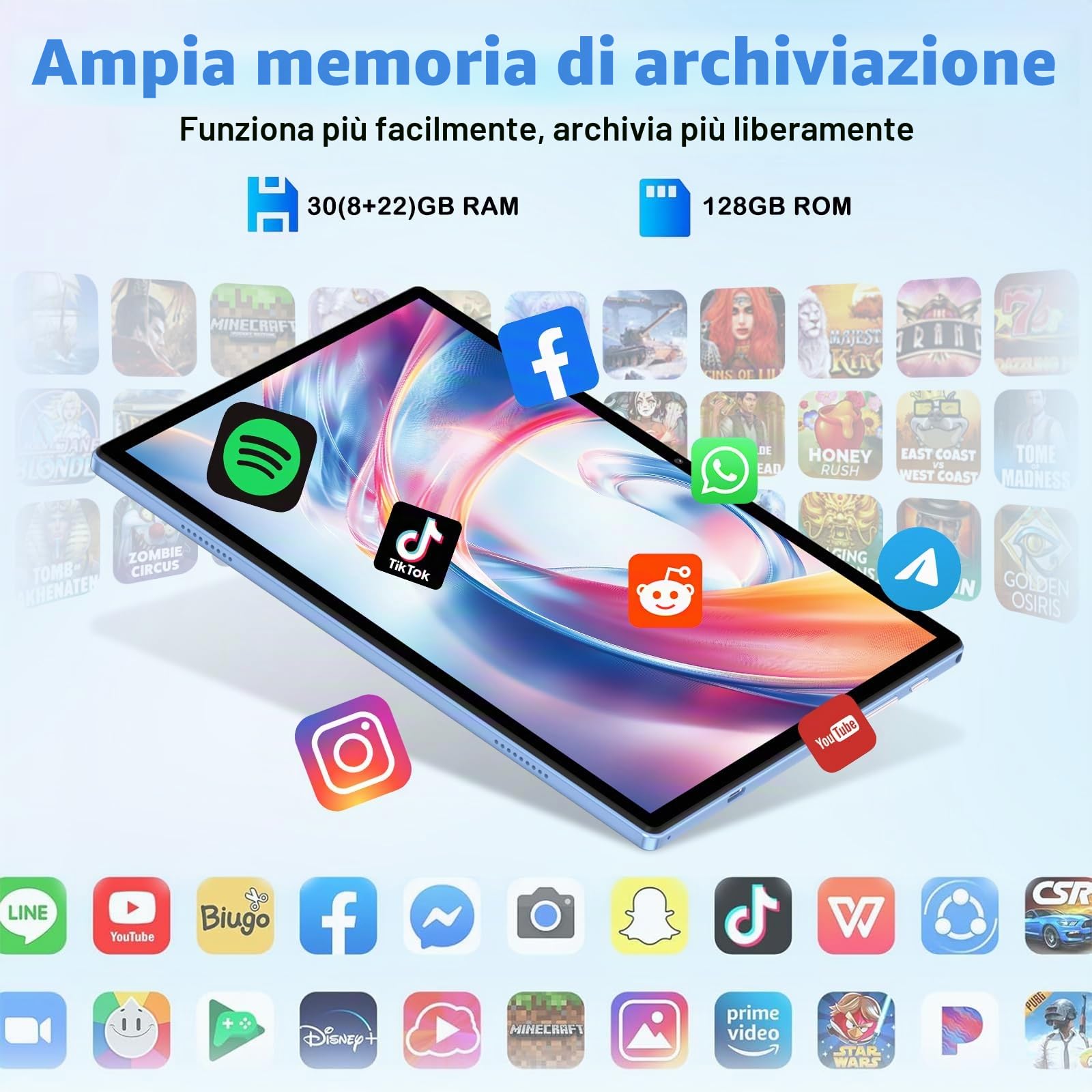 ZIOVO Tablet 10 Pollici Android 15,30GB RAM+128GB ROM(TF 1TB),5G WiFi Tablets,Octa-Core 2.0 GHz/Gemini AI/Widevine L1/8000 mAh/Bluetooth 5.0/GPS/Face ID/2 in 1 Tablet con Tastiera e Mouse-Blu