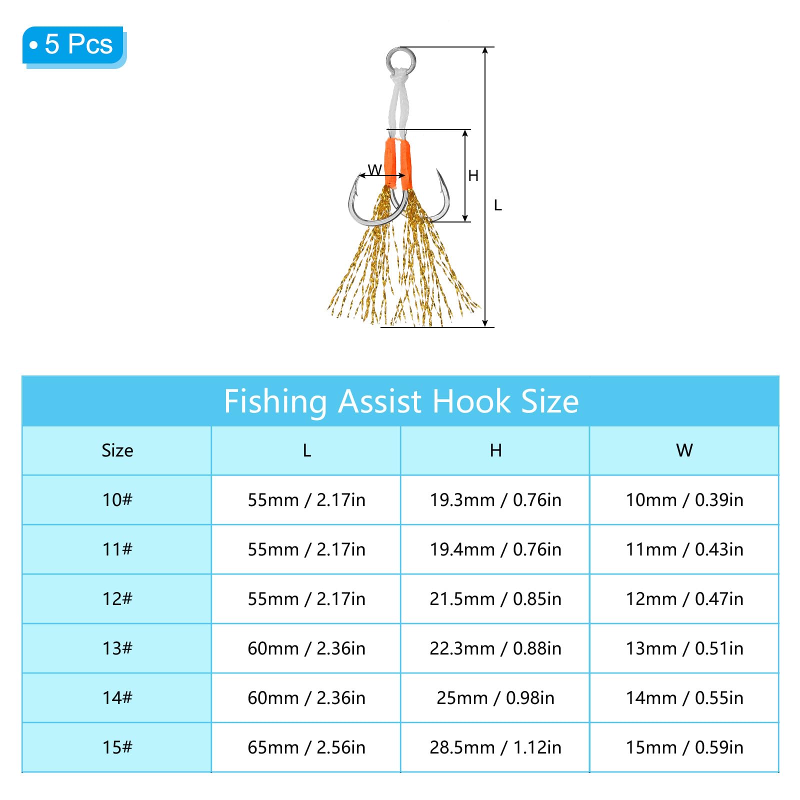 PATIKIL Kit Doppi Ami Da Assistenza Per Pesca, 5 Pezzi Ami Jigging Luminescenti Per Pesca Verticale A Caduta Lenta O Veloce, Tonalità Oro (12#, 55mmx12mm)