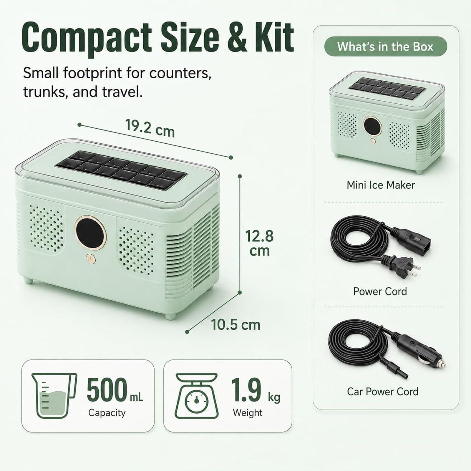 Fabbricatore di ghiaccio da banco, 16 kg/24 ore, adatto anche per auto. | Ice Cube Maker portatile, 12V DC Mini Ice Maker per auto, 15 minuti / 12 cubi per cucina domestica, viaggi, campeggio(green)