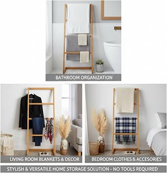 Bamboo Towel Rack Freestanding Towel Rail and Towel Holder with Four Hanging Bars for Bathroom Storage and Clothes Drying Stand