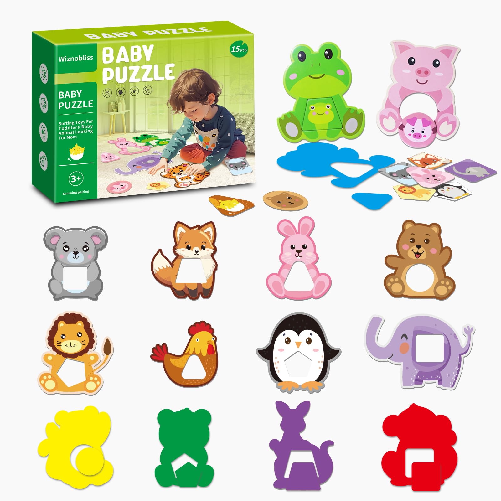 Wiznobliss Sorting Toys for Toddlers,3 in 1 Color Sorting Matching Toys Shapes Sorting Matching Toys Animals Puzzle for Toddlers,15 Sets Montessori Preschool Learning Fine Motor for 3 4 5 6.