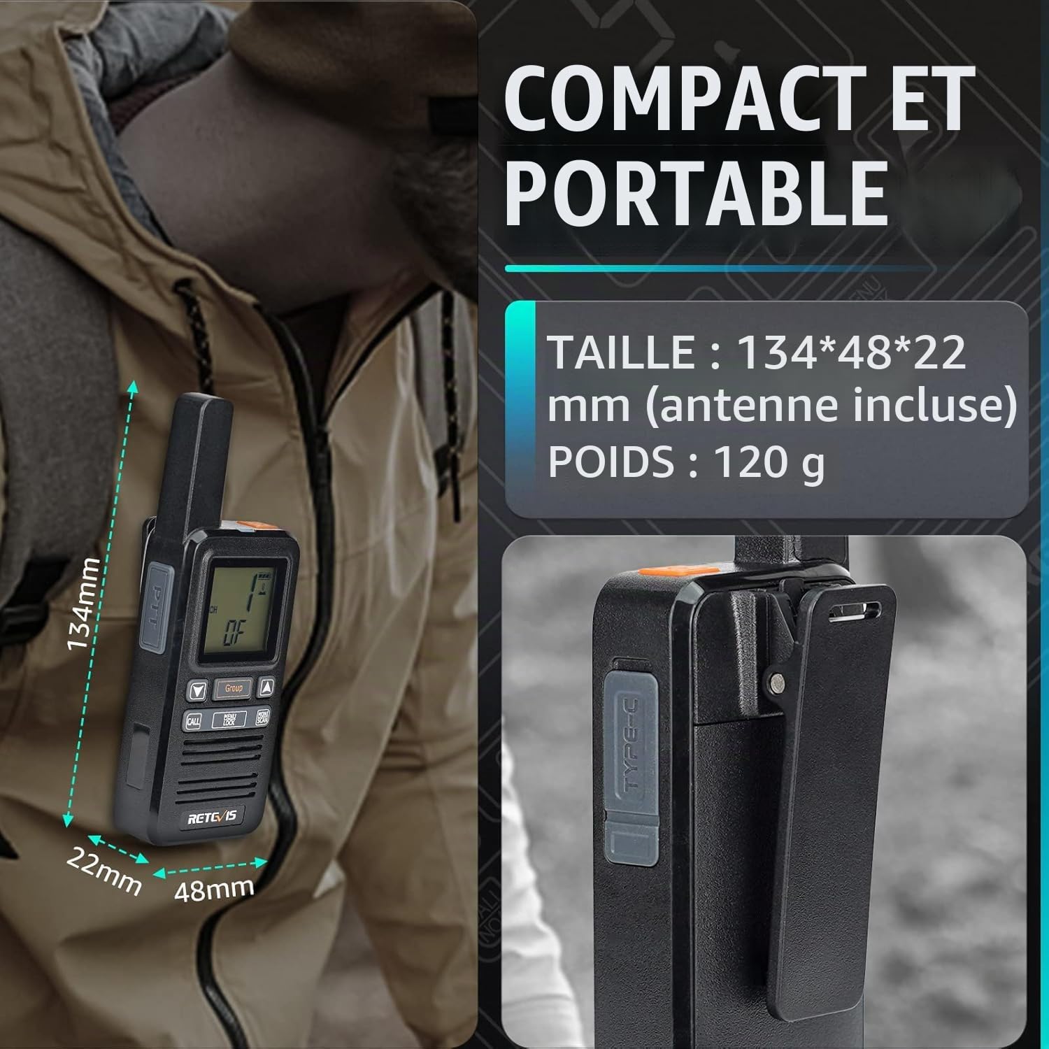 Retevis RB667 Talkie-Walkie Mini PMR446 Rechargeable 1600mAh USB-C, Écran LCD, Appel Groupe VOX Avec Oreillette Pour Randonnée, Camping (2 Pcs, Noir)