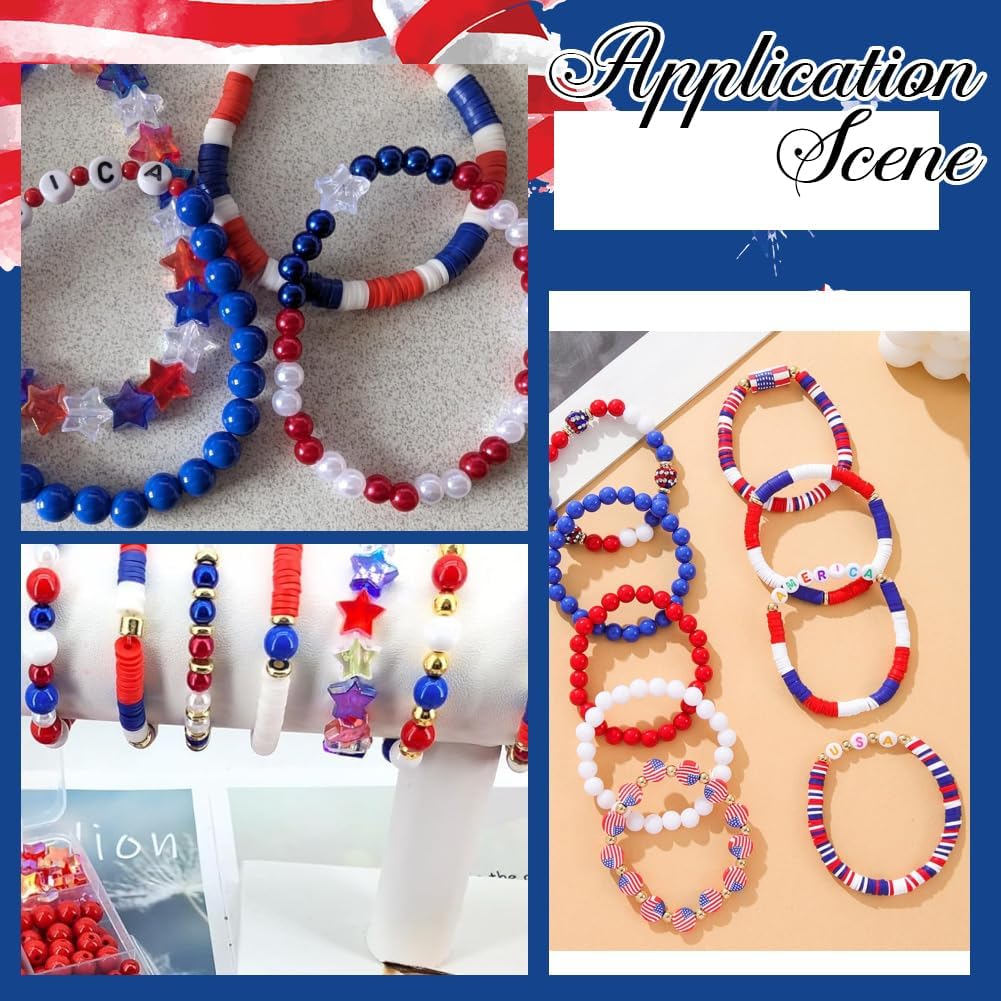 1 Box 1900Pcs+ Independence Day Beads 4th of July Beads Blue Red White Round Plastic Acrylic Peal Star Polymer Clay Patriotic Beads for Jewelry Making Necklaces Earrings Festive Decorations