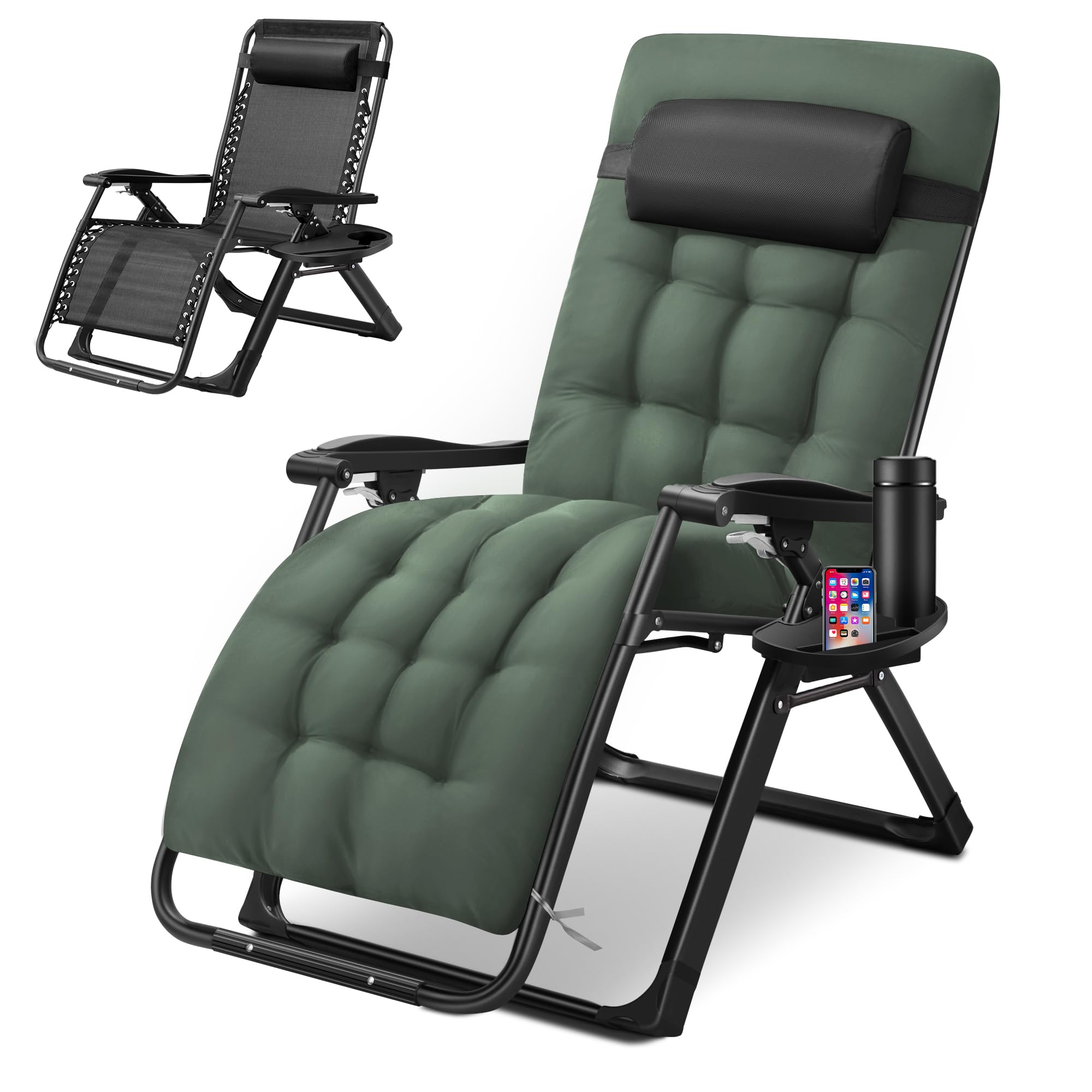 Padded Zero Gravity Chair, Folding Portable Reclining Lawn Chair, Patio Recliner Lounge Chaise with Detachable Cushion,Cup Holder,Headrest for Outdoor/Indoor,Support to 500lbs,Green
