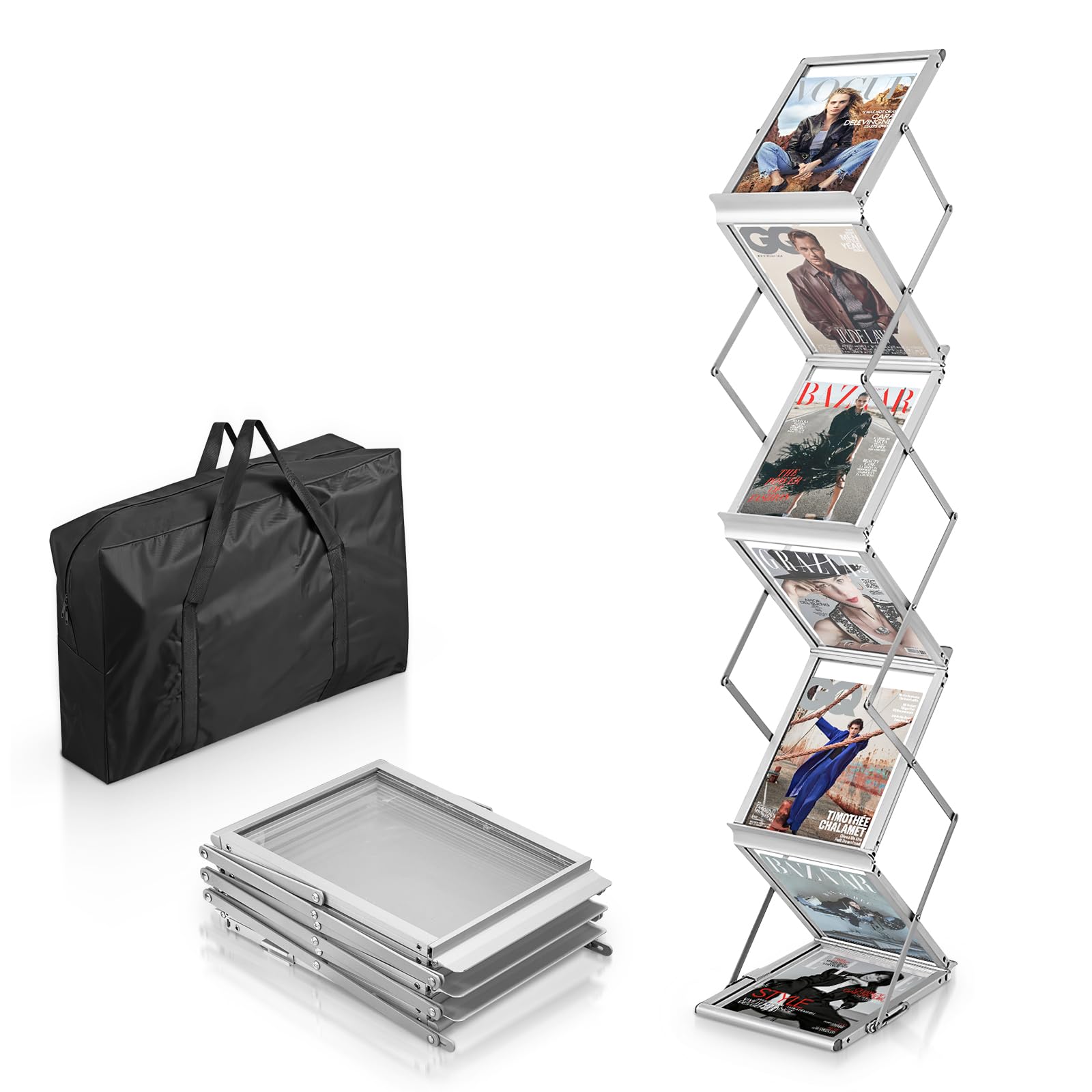 SUNDOY Faltbarer Prospektständer aus Aluminium mit 6 Taschen – tragbarer Zeitschriftenständer mit Tragetasche für Messen, Ausstellungen, Büro und Einzelhandel
