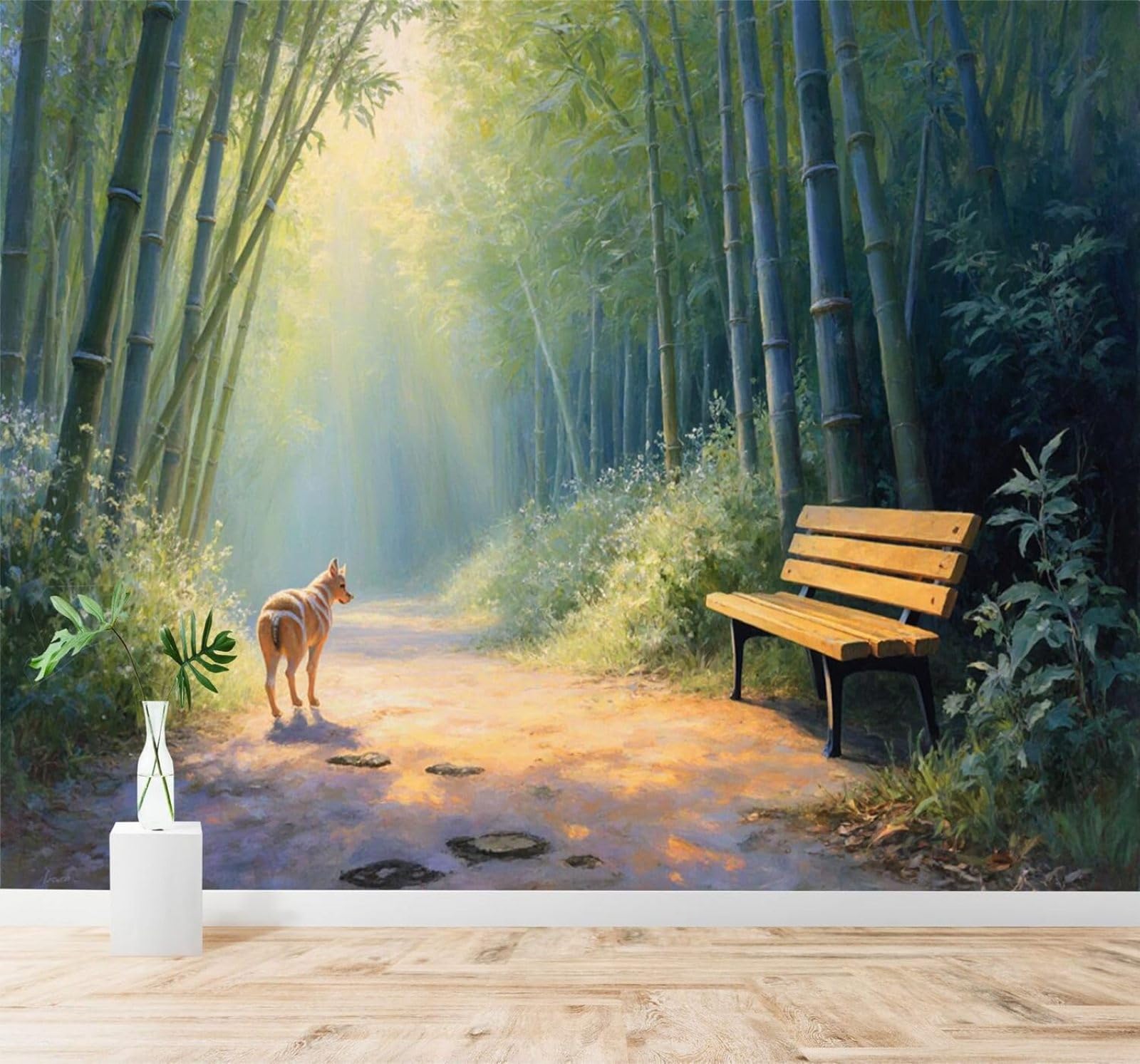 XLMING Sunlight Bamboo Grove Path Bench Natural Landscape 3D Wallpaper Silky Texture Home Study Office Grey Dining Room Sofa Bedroom Living Room TV Backdrop-250cm×170cm