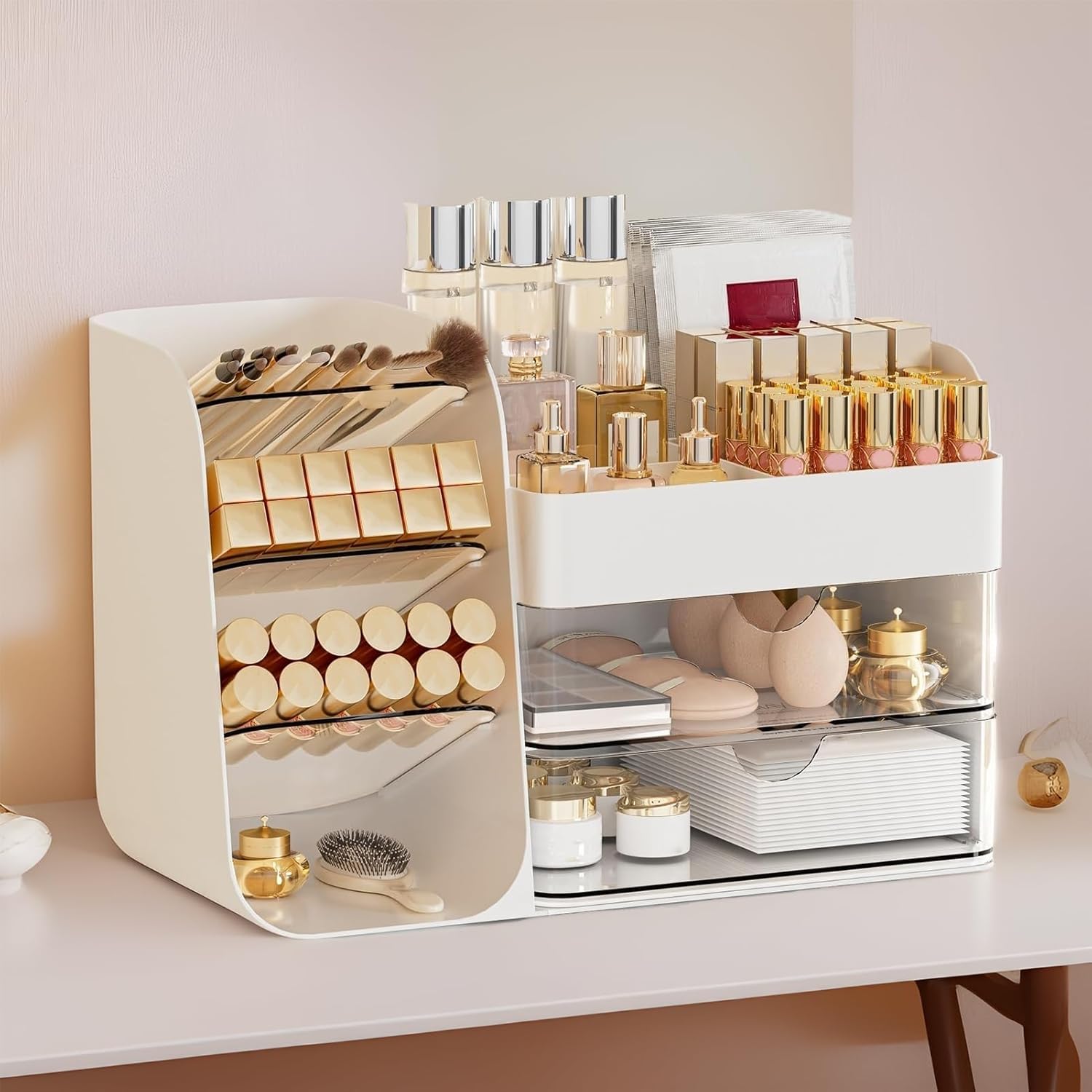 Dozesheep Large Makeup Organiser with Drawers, Cosmetics Organiser for Skincare Beauty, Make Up Organiser Storage Box with Cover, Multi-Layer Skincare Organiser for Vanity, Bathroom & Dressing Table