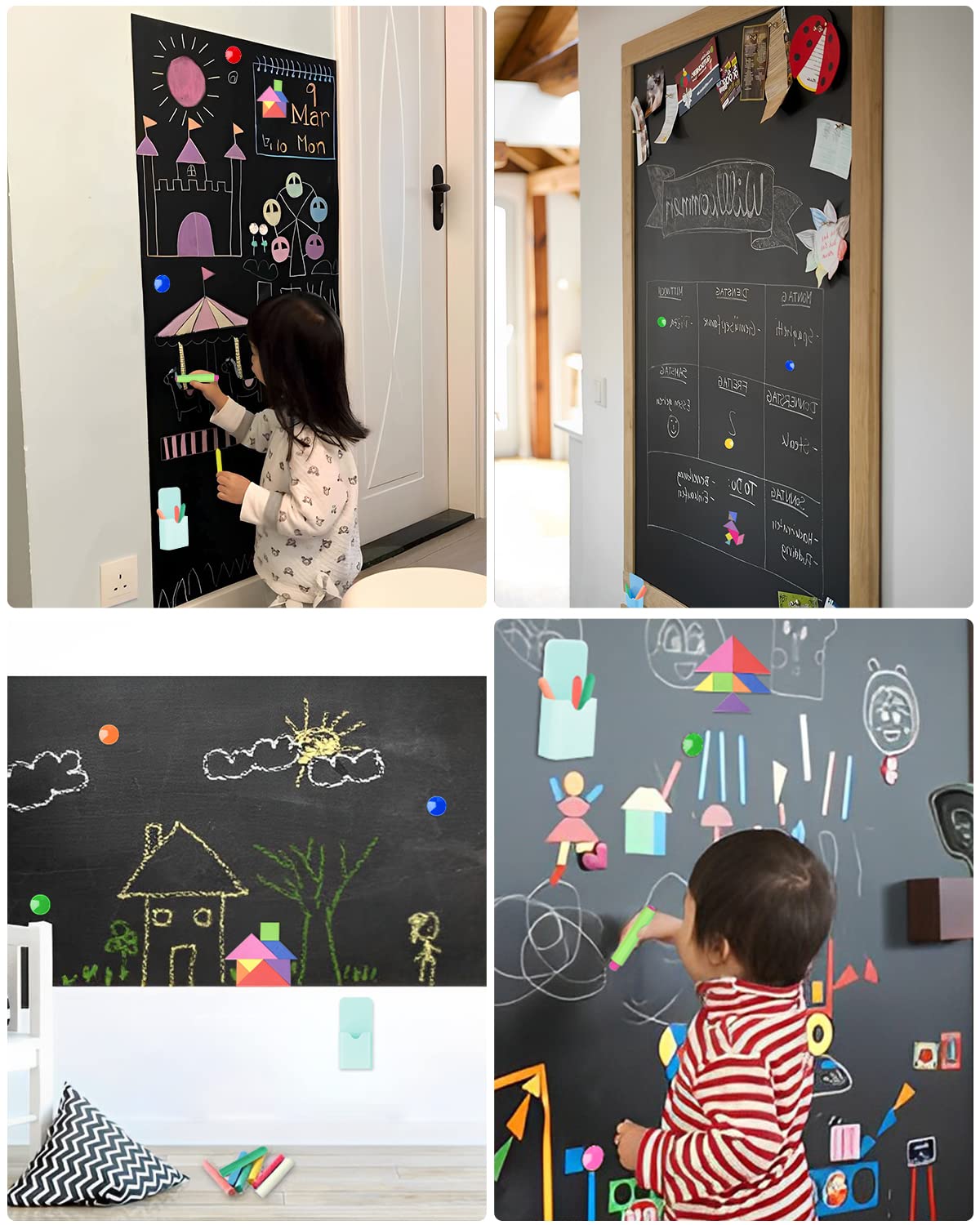 Tableau Noir Magnetique effaçable Autoadhésif 45 * 100cm, 6 Craies Sans Poussière, 6 Aimants, Chiffon, Tangram,Porte-marqueur Noir