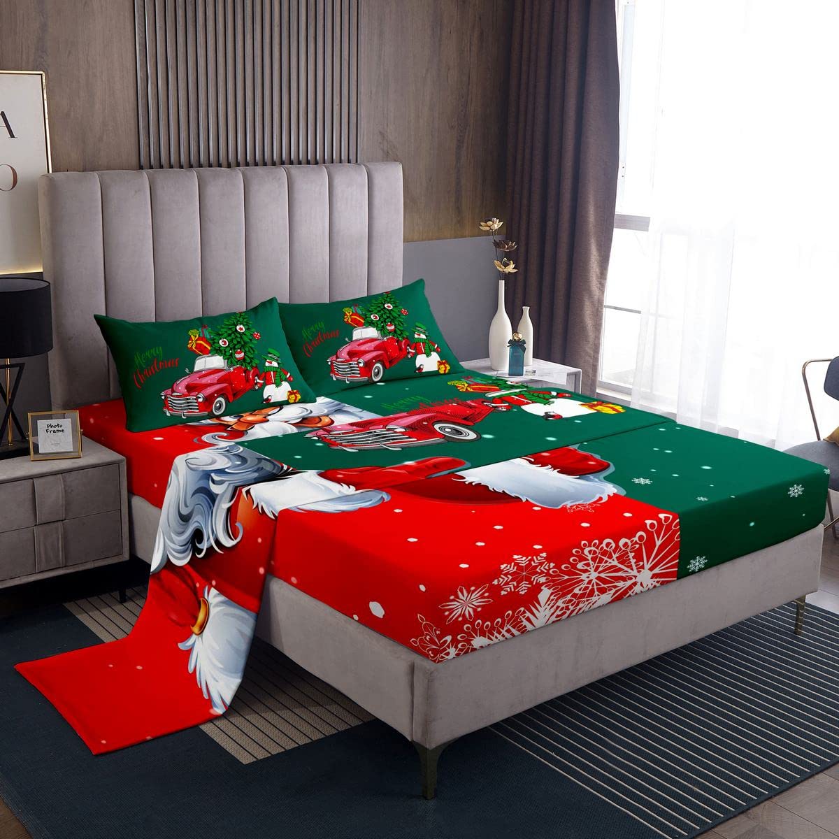 Snata Claus Bed Sheets Kids Cartoon Christmas Tree Sheet Set For Boys Girls Ultra Soft Red Green Merry Christmas Bedding Set Xmas Snowflake Bed Sheet Set Double Size