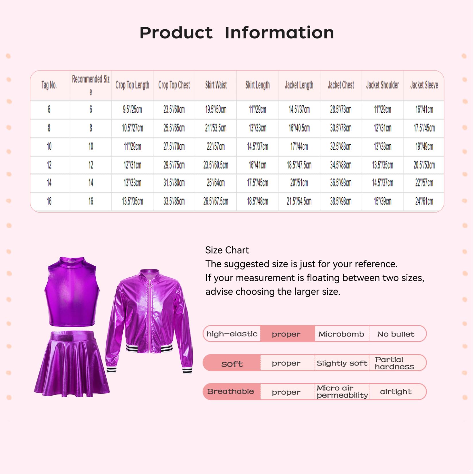 Lejafay Mädchen Glitzer 3Pcs Outfit Metallic Bomberjacke Crop Top und Skater Kinder Disco Rock Jazz Tanz Party Karneval Festival Bekleidungsse Jacke