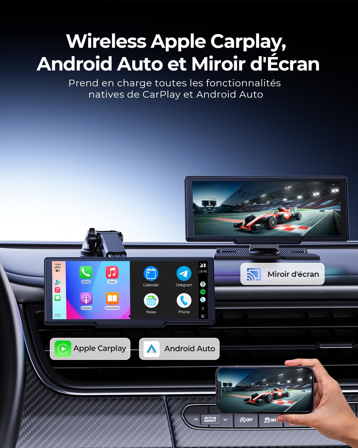 Écran CarPlay Portable sans Fil 8,1" 60 fps pour Apple CarPlay & Android Auto, mises à Jour OTA, caméra de recul, Mirror Link, Bluetooth, Commande vocale, Navigation GPS