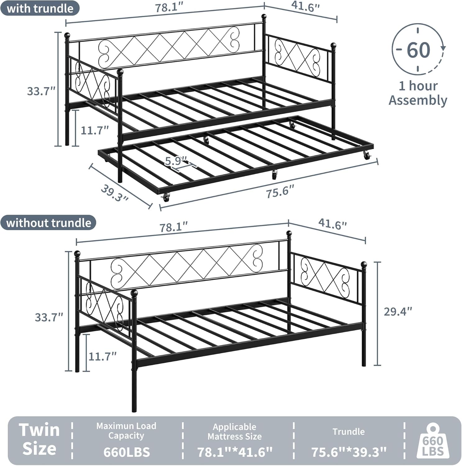 GarveeHome Twin Metal Daybed with Trundle, Premium Steel Slat Support, Space Saving Trundle Sofa Bed for Living Room, Bedroom and Guest Room, Black