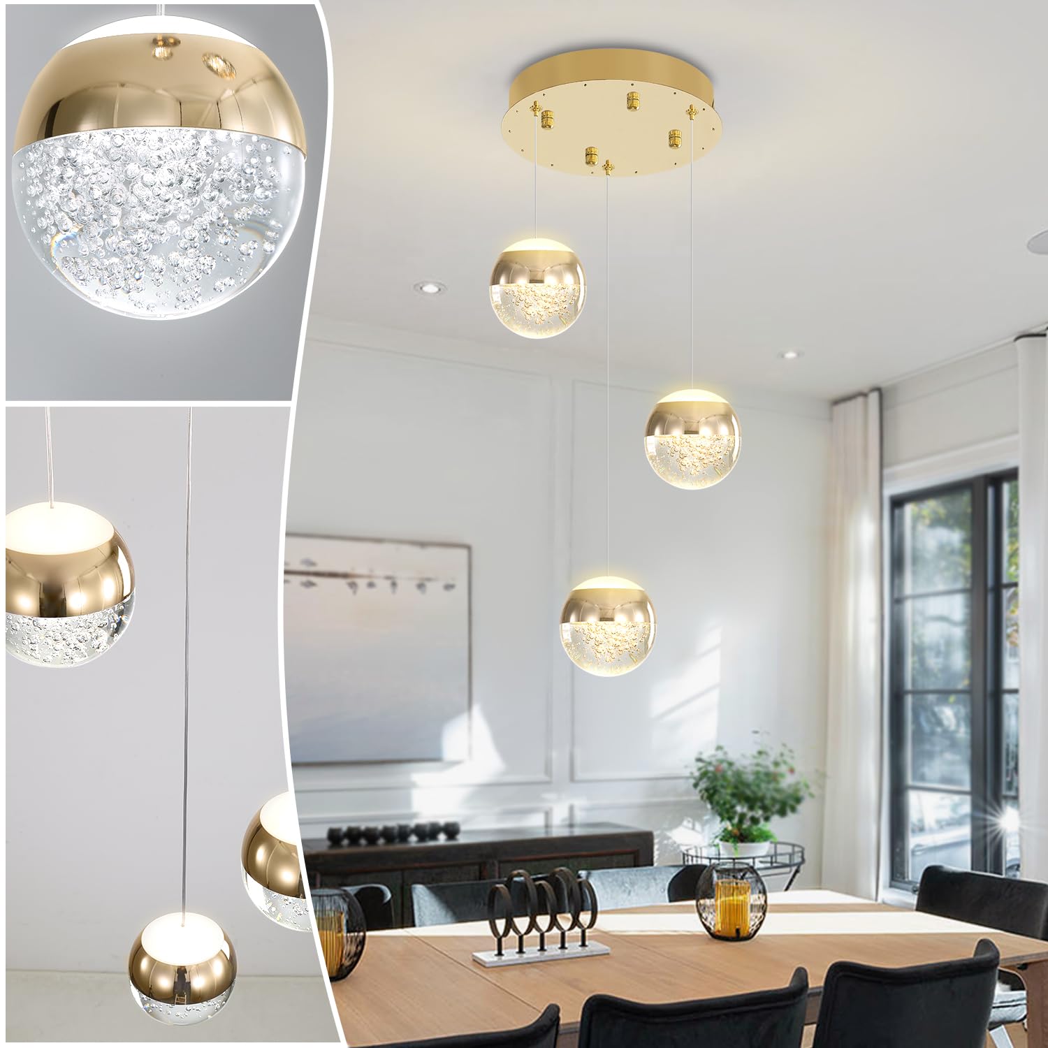 Photo 1 of Modern Crystal Pendant Lighting Gold Globe Pendant Light Fixture, Mid Century Chandelier 3-Light Hanging Fixture for Kitchen Island,Globe Chandeliers for Dinning Room Bedroom