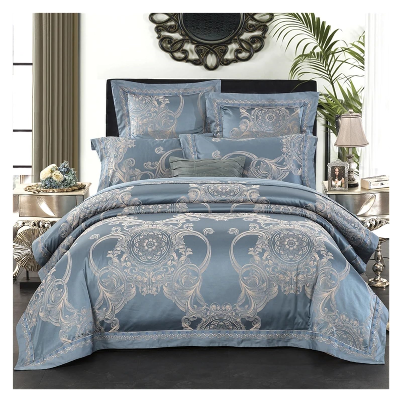 Sbcgfy E Sliver Gold Luxury Silk Satin Jacquard Duvet Cover Bedding Set Queen King Siz Embroidery Bed Set Bed Sheet/Fitted Sheet Set,Cotton Duvet,-Queen Siz 4Pcs