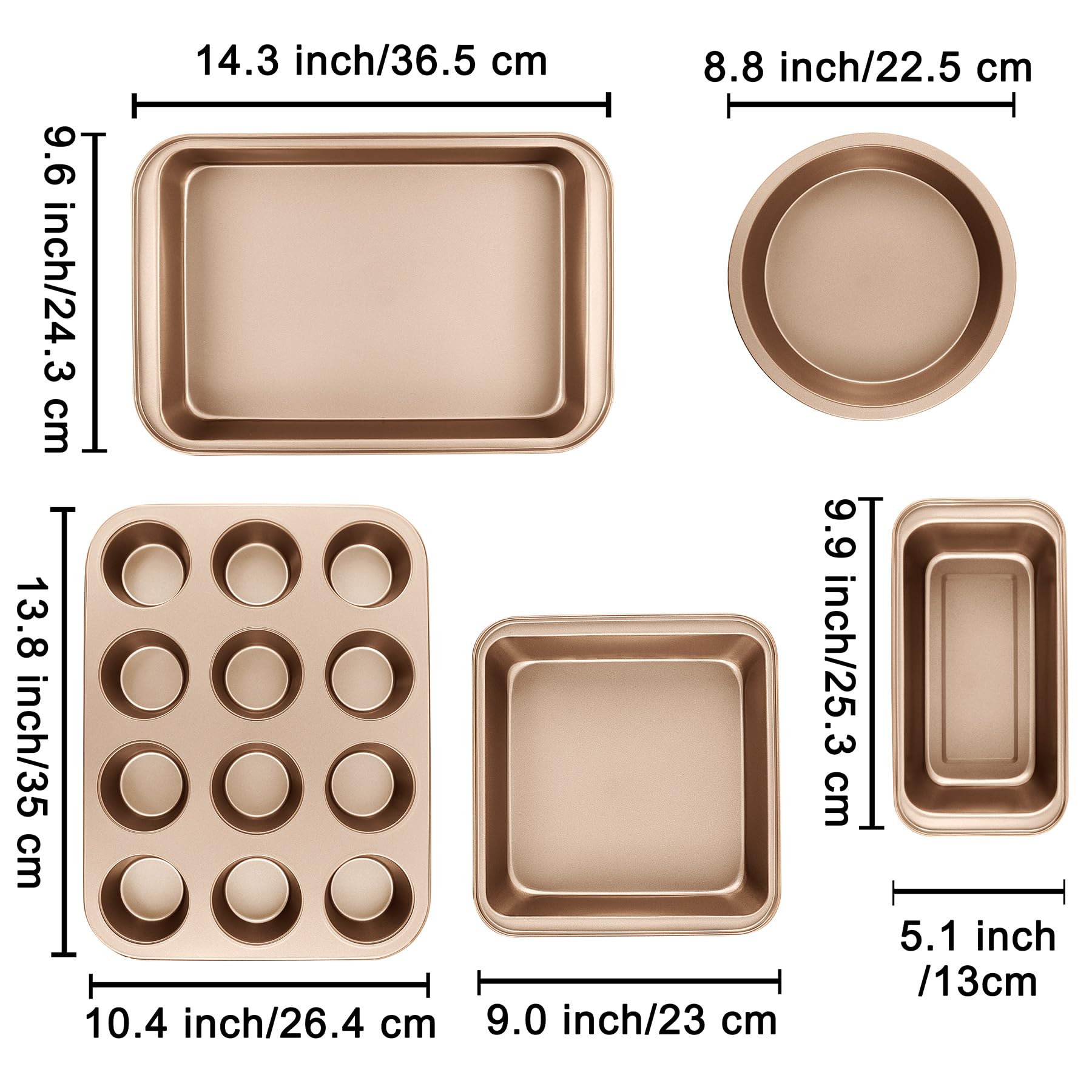 mobzio - Juego de sartenes antiadherentes para hornear, 5 piezas para horno, utensilios para hornear con molde redondo/cuadrado, molde para magdalenas, molde para pan, asado, juego de bandejas para