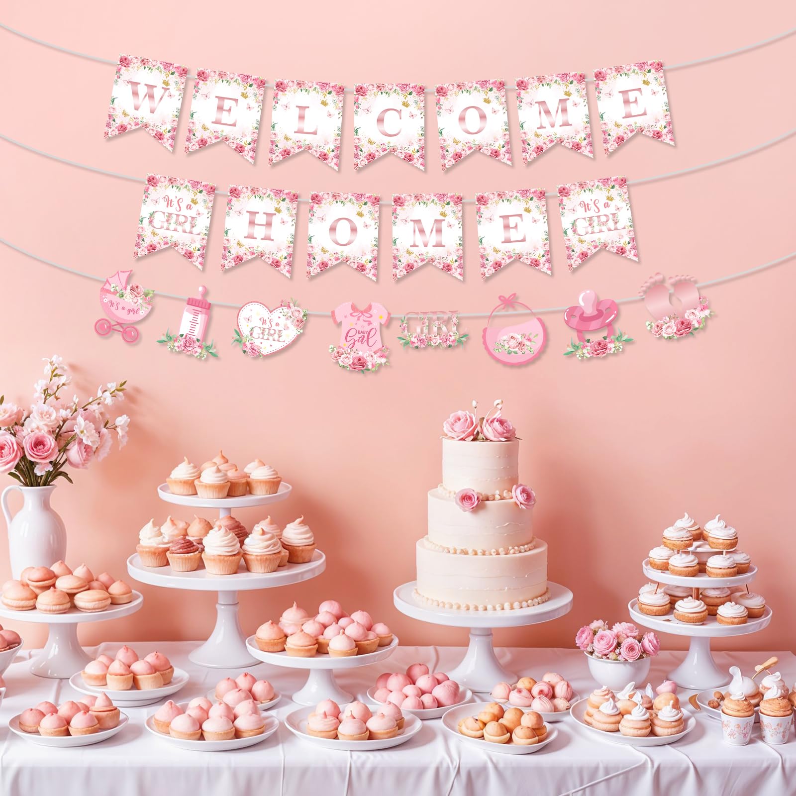 Banner Glitterato ‘Welcome Home Baby Girl’ – Rosa Oro – 2,4 Metri – Decorazioni Per Baby Shower E Feste