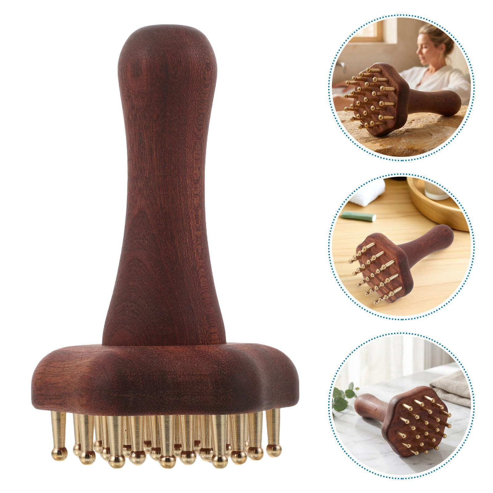 Kisangel Peine masajeador ergonómico de madera y latón con 24 dientes para cuidado corporal y capilar, ideal para spa en casa, pack de 2 unidades