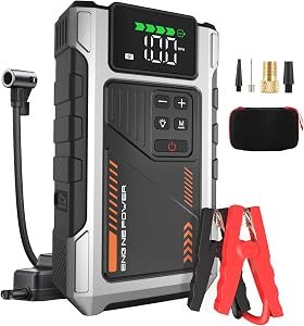 Booster Avviamento Auto con Compressore d’aria Avviatore Emergenza per Auto da 6000A (10L Benzina/8.5L di Gasolio) 12V con 3 Modalità Torcia Avviatore Batteria Portatile