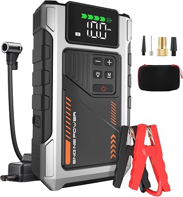 Booster Avviamento Auto con Compressore d’aria Avviatore Emergenza per Auto da 6000A (10L Benzina/8.5L di Gasolio) 12V con 3 Modalità Torcia Avviatore Batteria Portatile