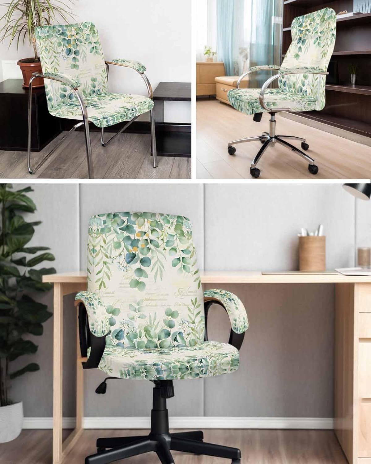 Green Office Chair Covers with Armrest Covers, Rotating Chair Cover, Eucalyptus Leaves Armchair Slipcovers Decorative Backrest and Seat Protectors, Large