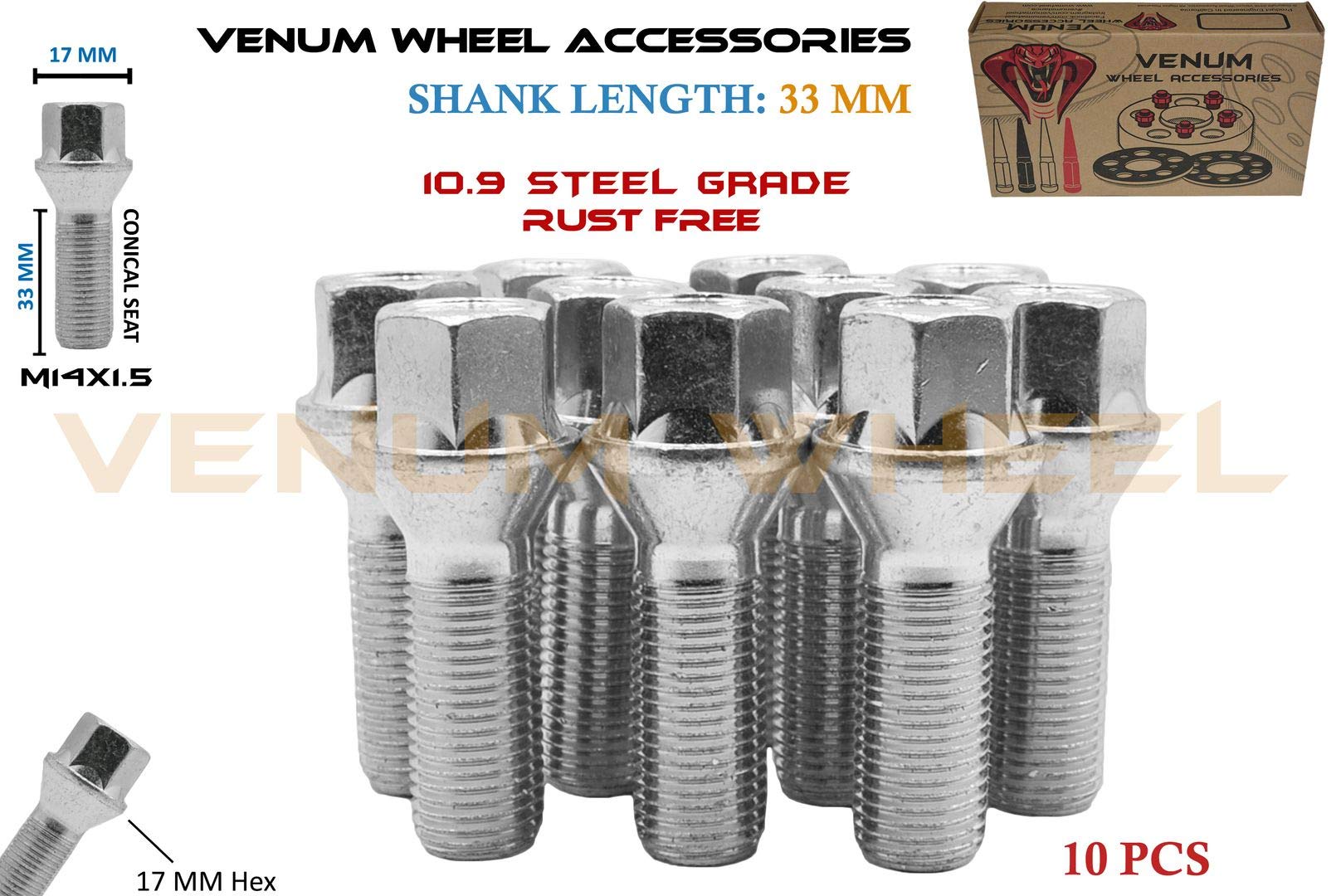 10 Pcs Zinc Rust Resistant M14x1.5 Conical Seat Lug Bolts 33 mm Extended Shank Length